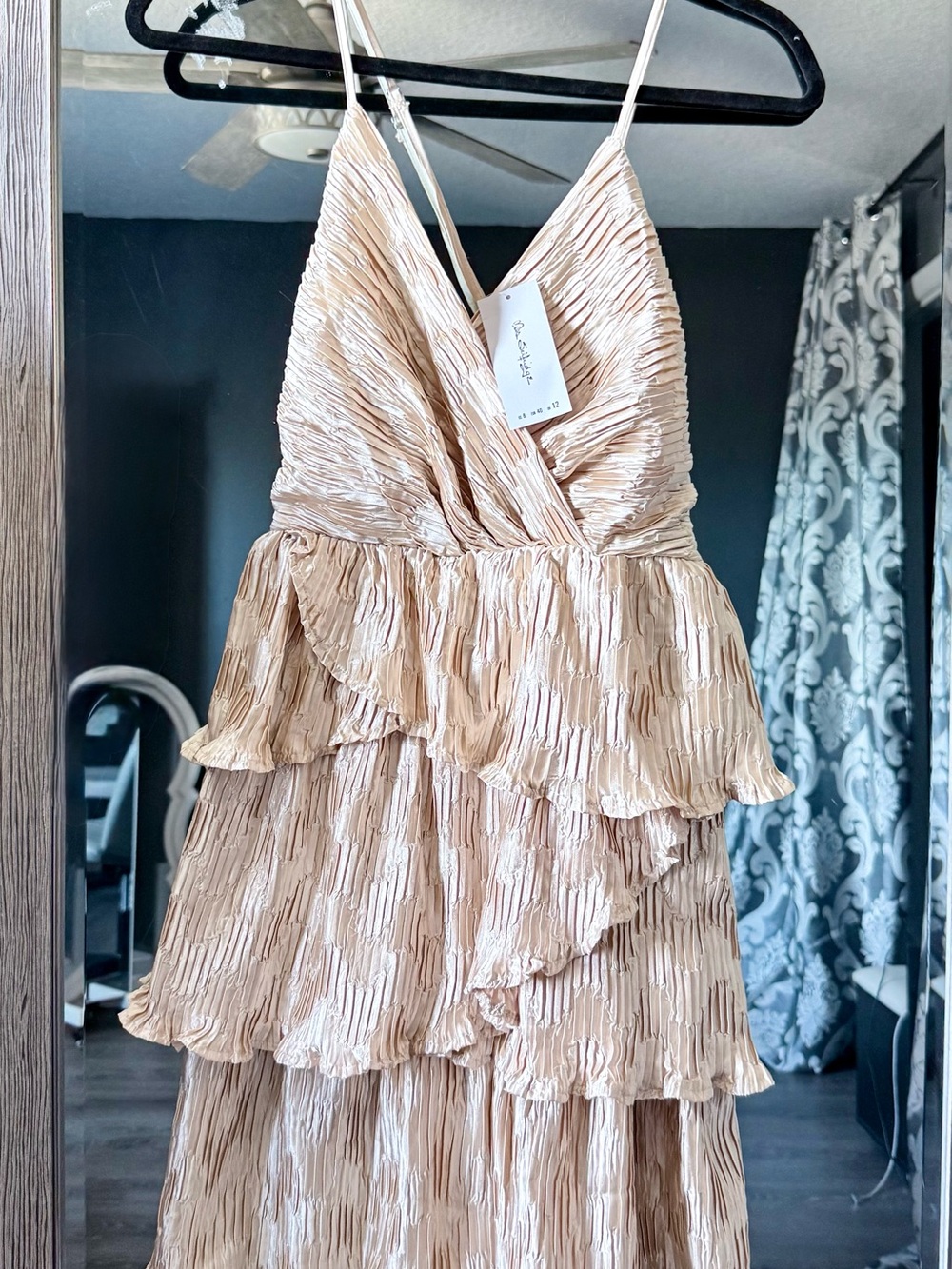 Miss Selfridge Nude Champagne Adjustable Tiered Mini Dress Ruffles Satin Flirty